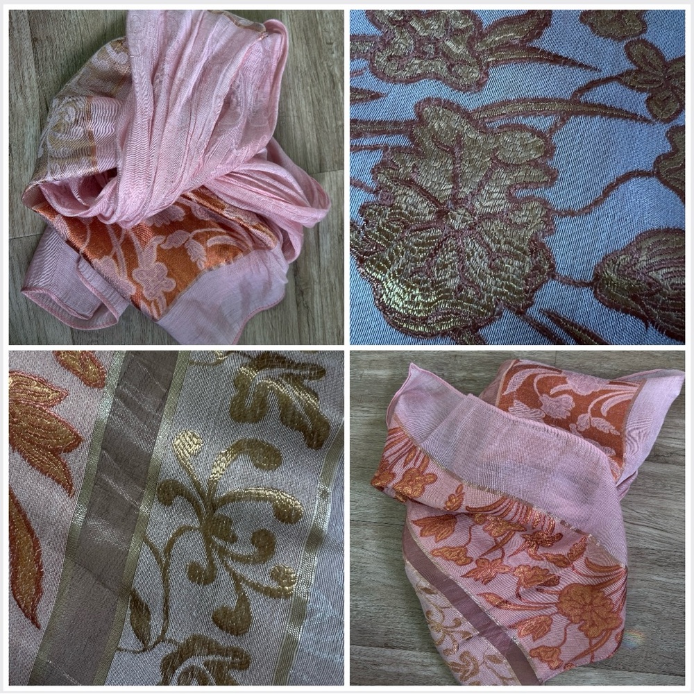 🆕 Fine woven scarf: long, soft in pink, copper & gold w/arabesques & flowers - Picture 2 of 16